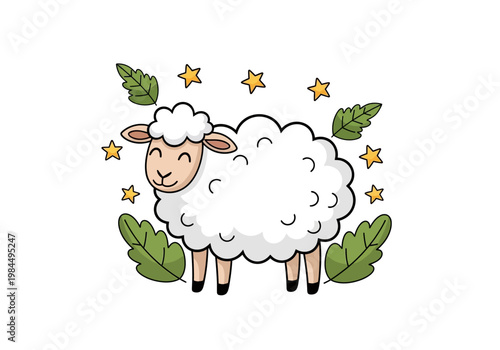 A smiling cartoon sheep surrounded by stars and leaves outdoors.