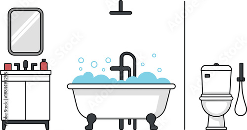 Modern bathroom interior vector illustration with clawfoot bathtub bubbles vanity mirror toilet and shower head in flat outline style