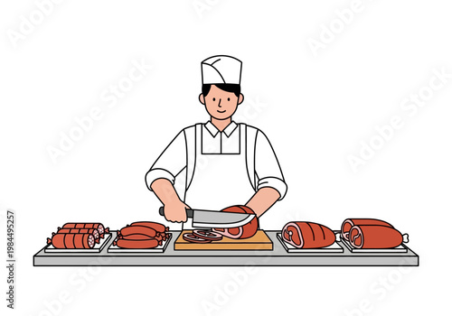 Chef prepares meat dishes on kitchen counter with various roasts.