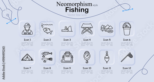 Fishing set icon. Fisherman, fish catch, rod action, folding chair, landscape water, bucket fish, tent camp, lures set, tackle box, scale device, float bobber, net tool line icons