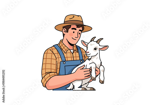 A man in overalls holds a goat gently on a farm.