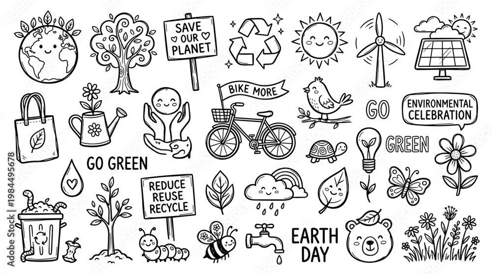 Obraz premium Cute doodle collection celebrating earth day and environmental conservation with symbols like planet earth recycling bike and nature elements