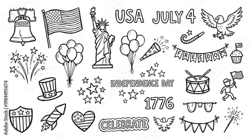 USA Independence Day celebration doodles with American flag, Statue of Liberty, fireworks, and patriotic symbols for July 4th holiday