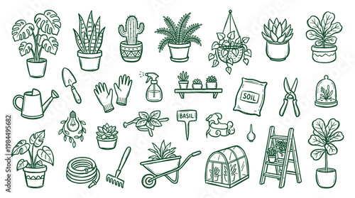 Hand drawn illustration of various potted plants and gardening tools, a charming collection for home gardening enthusiasts and botanical art lovers