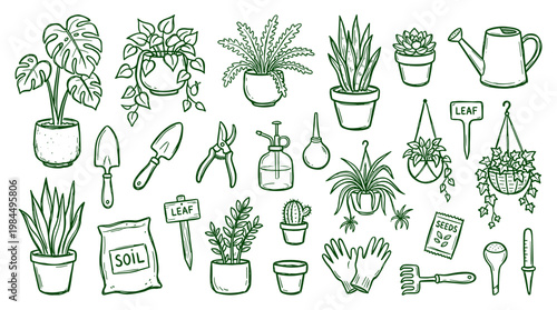 Hand drawn illustration of gardening tools and potted plants, perfect for home decor and plant care concepts