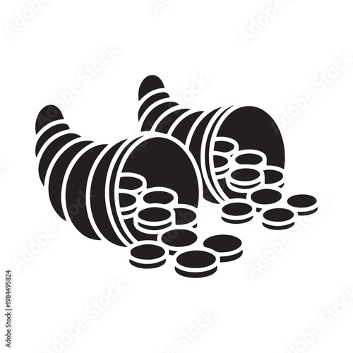 Two cornucopias overflowing with coins a symbol of abundance