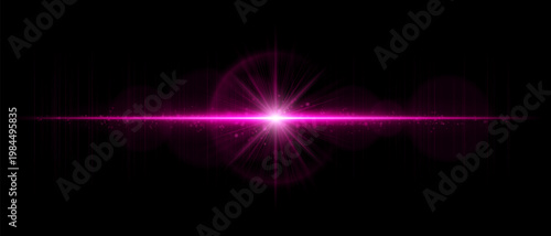 Abstract glowing energy burst with radiant light waves and horizontal beam, dynamic lens flare effect with sparkling particles and subtle motion on dark background