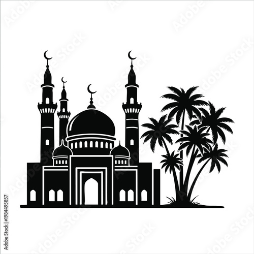 Silhouette of a Majestic Mosque with Tall Minarets and Surrounding Palm Trees