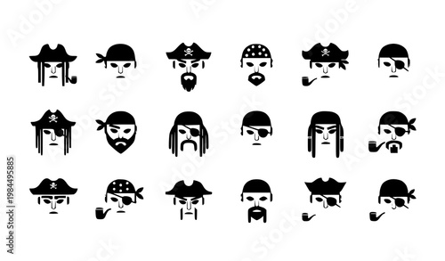 Minimal pirate mask icon set with flat cartoon faces hats and bandanas for mobile app design isolated on white