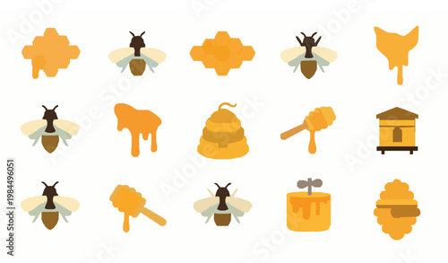 Flat honeycomb and bee icon collection with hexagon pattern hive and organic honey elements isolated on white