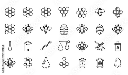 Honeycomb and bee linear icon set with hexagon hive wax and apiary symbols vector isolated on white