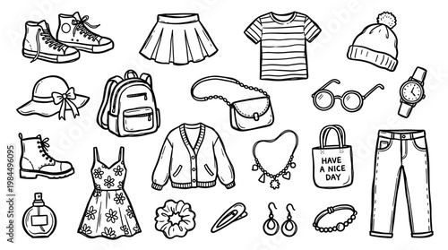 Hand drawn collection of women's fashion items and accessories, doodle style, perfect for fashion blogs and design projects