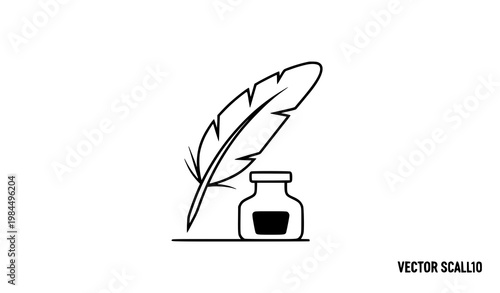 Minimal quill and inkwell vector icon set with simple black writing tools isolated on white background