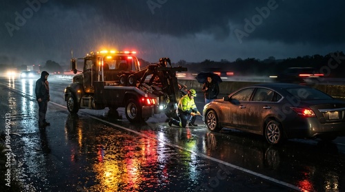 Tow Truck Assisting Broken Car at Night 5