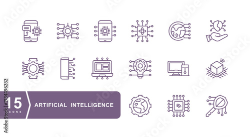 Artificial intelligence line icons. machine learning, smart robotic and computer network digital AI technology