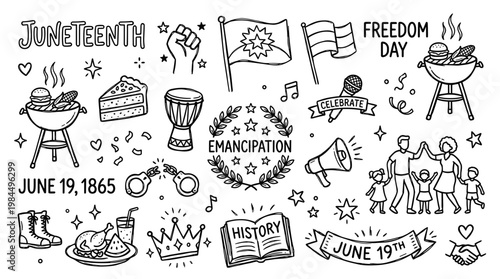 Juneteenth celebration doodles freedom day emancipation june 19 1865 historical event symbols food family and freedom illustrations