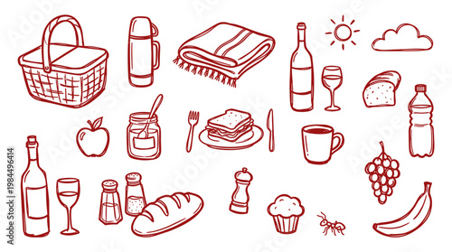 Hand drawn picnic essentials and food items for an outdoor meal with drinks bread fruit and snacks on a white background