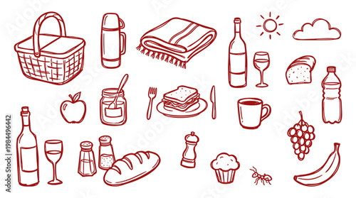 Hand drawn picnic elements including basket food drinks and blanket for outdoor dining and summer recreation