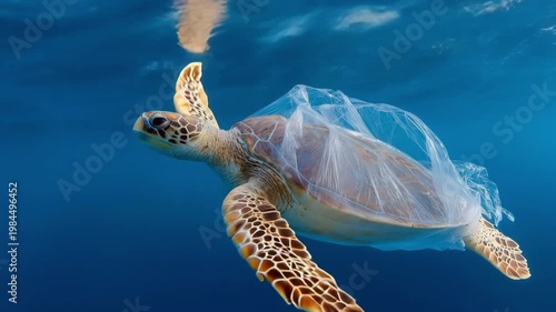 Turtle entangled in a plastic bag, ocean pollution, environment