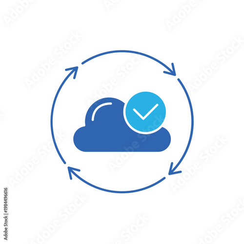icon an offset verification with circular checkmark and cloud, on a clean background.