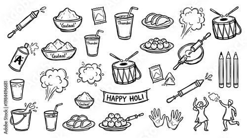 Happy holi doodle illustration of indian festival elements like gulal colors pichkari sweets and drum for celebration and fun