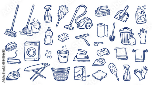 Collection of hand drawn cleaning supplies and equipment for home hygiene and tidiness illustrations
