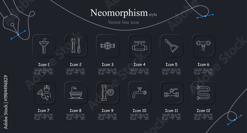 Plumbing maintenance set icon. Washbasin sink, tool wrench screwdriver, pipeline valve connector, water pump system, shower head spray, pipe faucet flow.