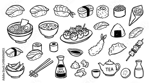 Hand drawn collection of japanese food and drinks in doodle style, isolated on white background, perfect for culinary themes and restaurant menus