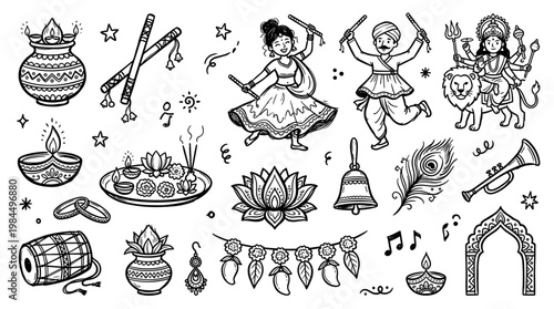 Navratri festival celebration elements and dancers in traditional Indian attire, depicting cultural heritage and joyous festivities