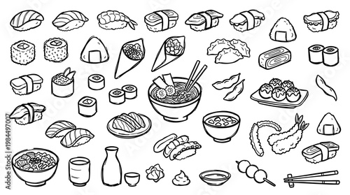 Japanese Food Assortment Hand Drawn Sketch Style Icons Collection Featuring Sushi Ramen Onigiri and More