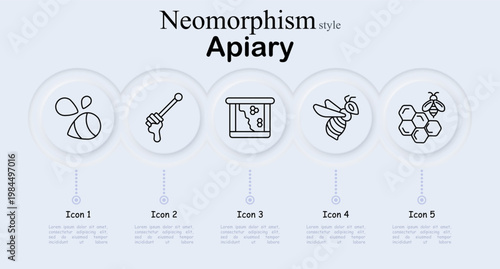 Apiary beekeeping set icon. Bee insect, honey dipper stick, beehive frame, flying bee pollination, honeycomb hexagon, honey production, agriculture pollinator farming