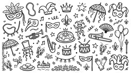 Mardi Gras doodle collection with masks, king cake, music, and festive elements for celebration and carnival themes
