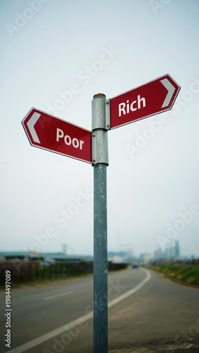 Red road sign post labeled Poor Rich at asphalt junction near city outskirts pointing opposite directions financial life career path decision making crossroads wealth poverty options