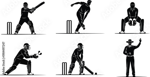 Cricket player, cricket icons, black silhouette, sports illustrations, athletic poses