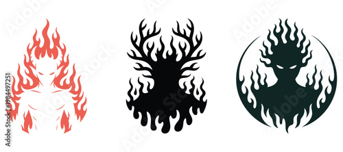 Fantasy Creature Avatar Logo Set featuring Fire Elemental, Horned Demon Silhouette, and Shadow Spirit Mascot for Esports Gaming, Apparel, and Dark Fantasy Branding Vector.
