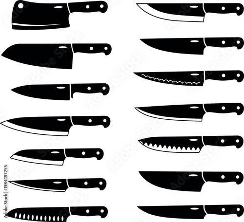 Assorted fixed-blade knives in various designs and serrations
