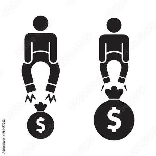 Two figures interacting with money symbols one attracting and one repelling