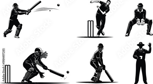 Cricket, black and white, sports illustrations, vector icons, athletic silhouettes, sports equipment