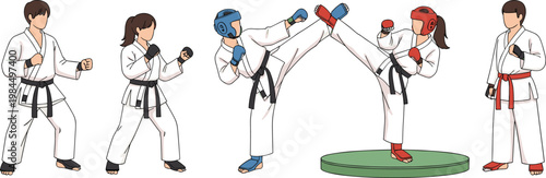 Set of Martial Arts Characters in Various Fighting Poses for Karate, Combat Sports, and Fitness Themes