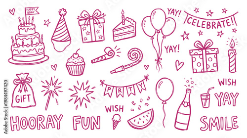 Happy Birthday Celebration Doodle Elements Collection with Cake Gifts Balloons Party Hats and Sparklers for Festive Occasions