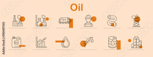 Oil industry set icon. Line symbols depict refinery plant, laboratory test, oil truck, worker engineer, pipeline system, drilling rig, oil container, market graph, oil drop