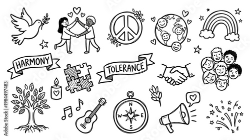 Diverse people celebrating unity harmony and peace with symbols of love connection and understanding in a doodle art style
