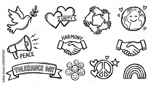 Collection of hand drawn icons representing peace unity harmony and global connection for tolerance day celebrations