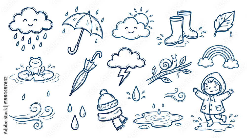 Obraz premium Charming hand drawn doodle collection of weather elements and rainy day activities for kids and adults, perfect for seasonal designs and cheerful illustrations