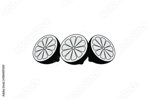 A simple black and white line drawing depicting three halves of a lemon with visible parts ideal for design projects on a transparent background.