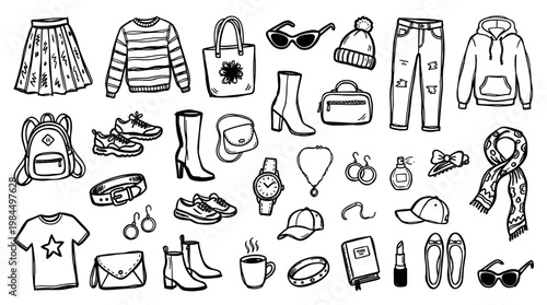 Collection of hand-drawn fashion clothing and accessories for women and girls, perfect for style blogs and seasonal shopping guides
