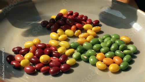 An Elevated Overhead Perspective of a Colorful Assortment of Red, Yellow, and Green Lentils