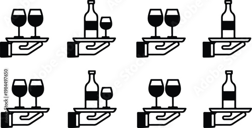 Minimalist black and white icon set of hands holding serving trays with wine bottles and glasses arranged in grid composition