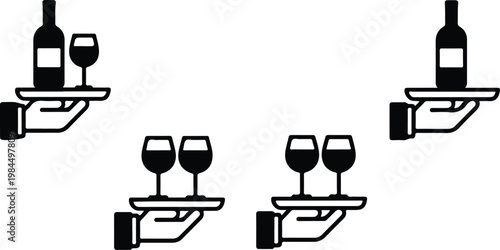 Minimalist black and white icon set of hands holding serving trays with wine bottles and glasses arranged in grid composition