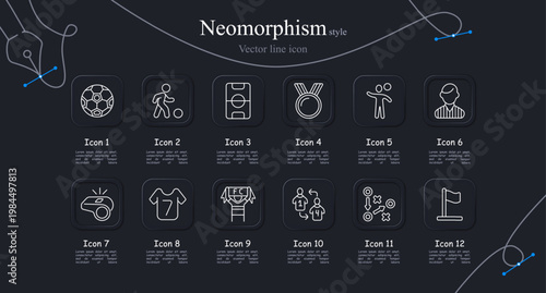 Football sport set icon. Soccer ball, player dribble, stadium field, medal award, goalkeeper throw, team coach, referee whistle, jersey number, club banner, team substitution